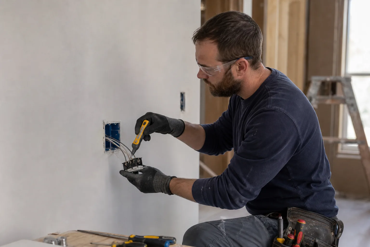 Licensed electrician working inside a residential electrical panel