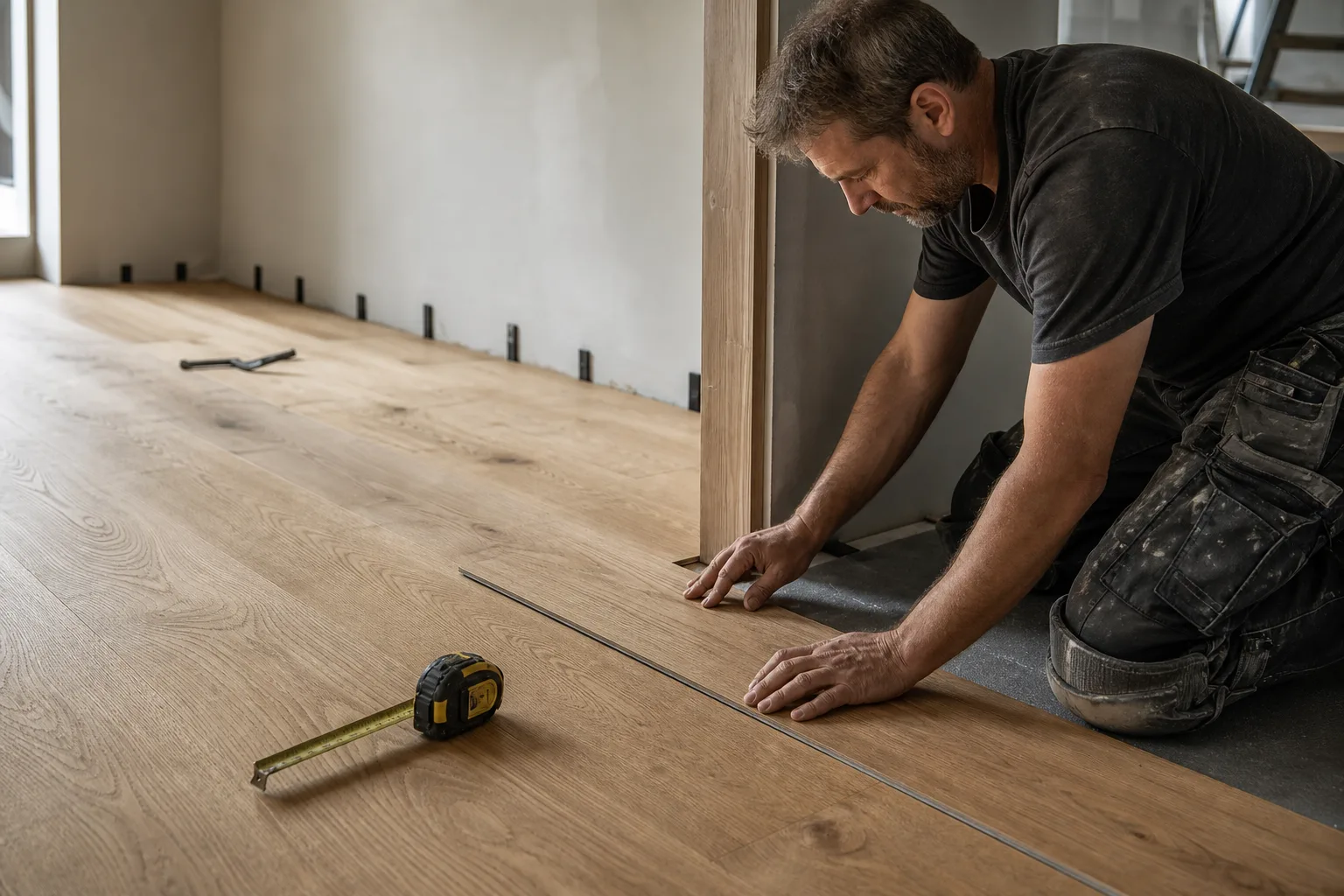 Flooring installer fitting hardwood planks in a residential room