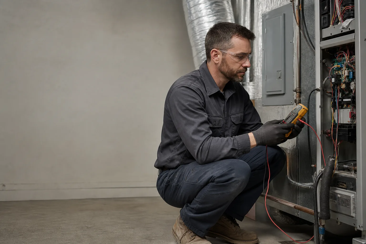 HVAC technician servicing a residential heating and cooling unit