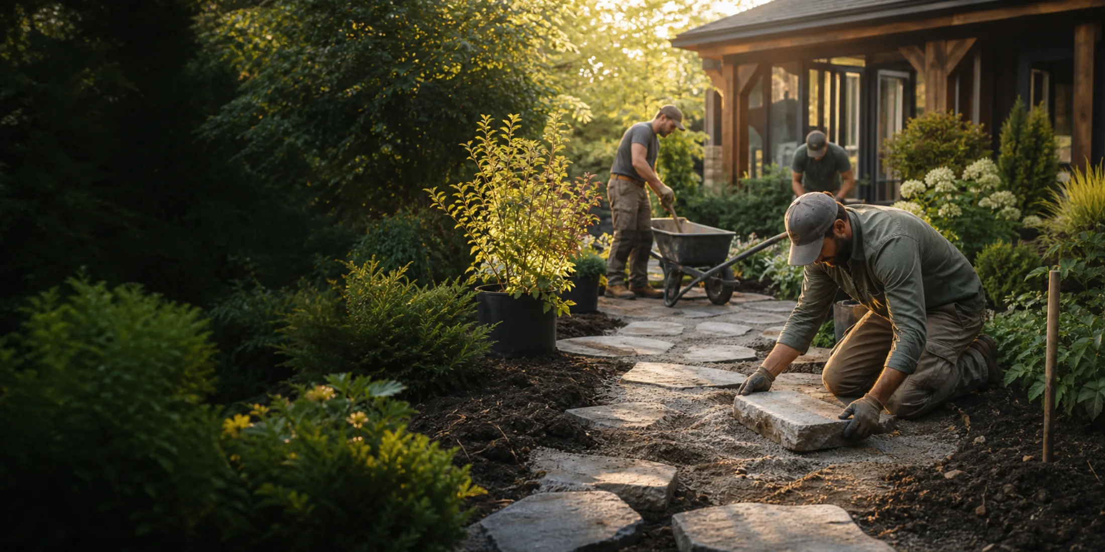 Landscaping crew installing a stone garden path