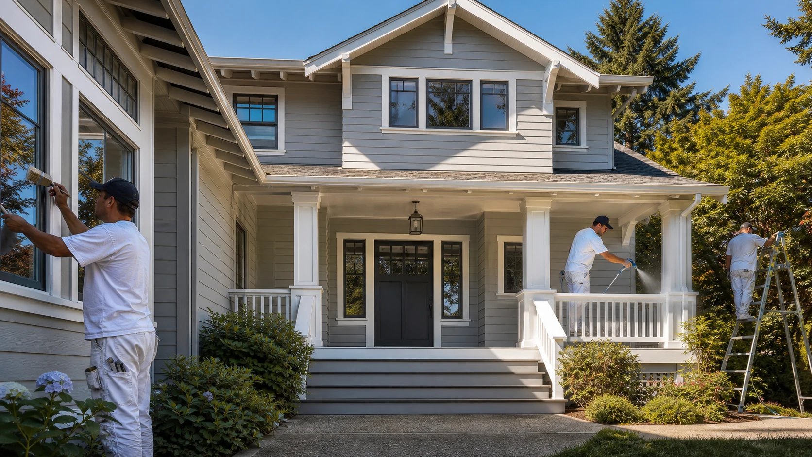 Exterior painting crew working on a gray craftsman home