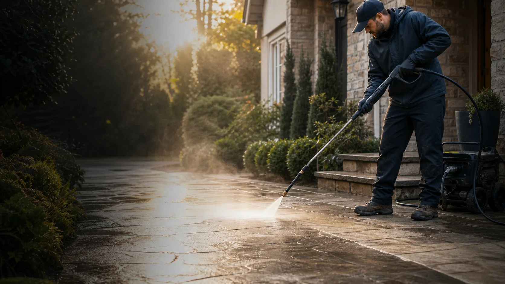 Pressure-washing technician cleaning a residential stone walkway