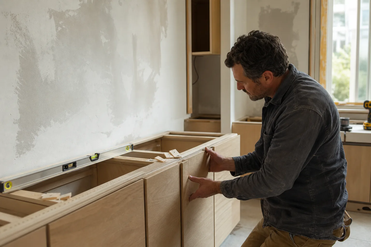 Remodeling crew finishing a renovated residential kitchen