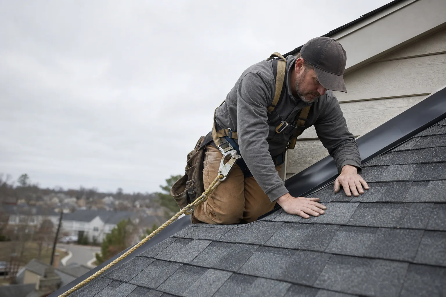 Roofing crew installing shingles on a residential sloped roof